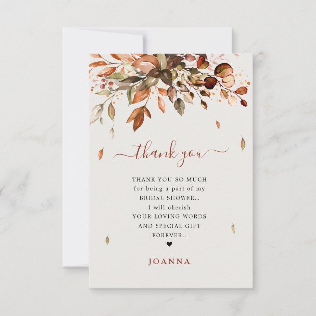 Fall Autumn Leaves Rustic Country Bridal Shower Thank You Card (Front)