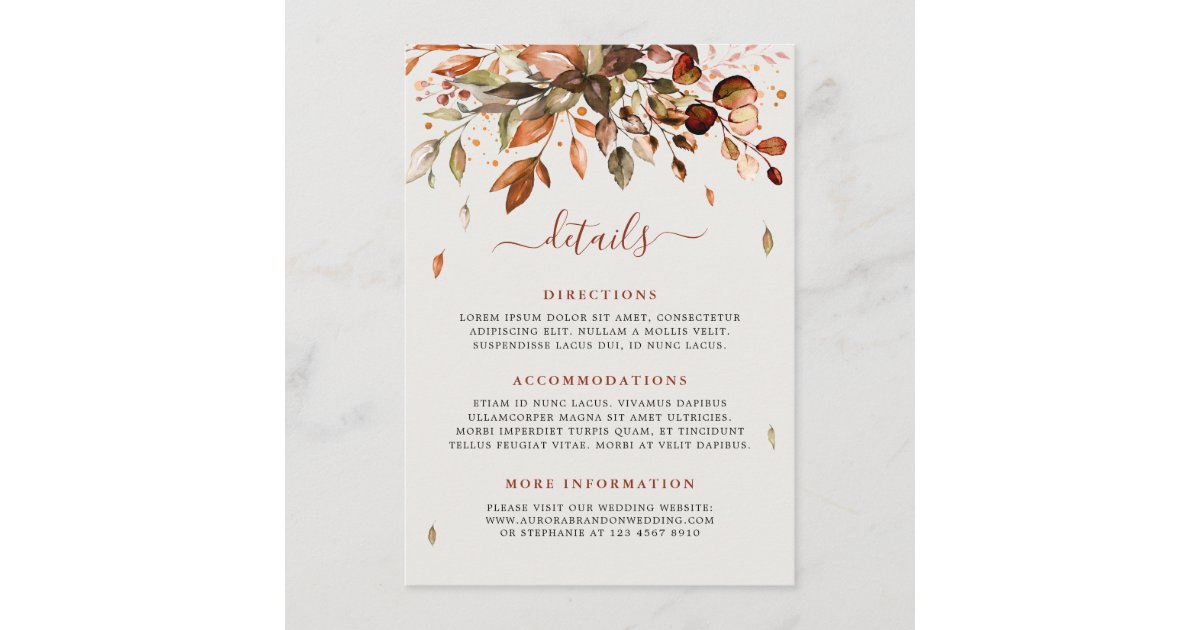 Fall Autumn Leaves Rustic Country Wedding Details Enclosure Card | Zazzle