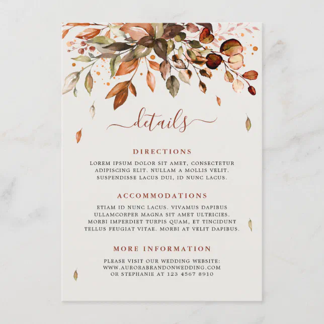 Fall Autumn Leaves Rustic Country Wedding Details Enclosure Card | Zazzle