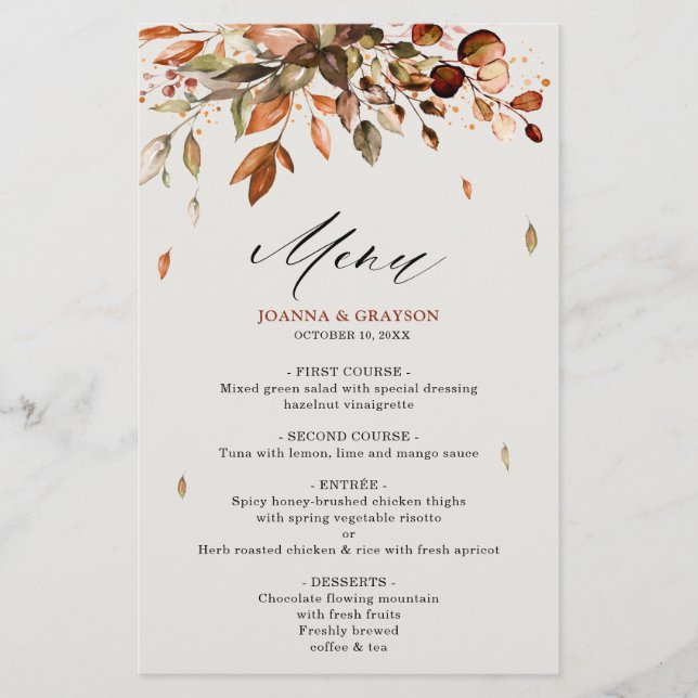 Fall Autumn Leaves Rustic Country  Wedding Menu (Front)