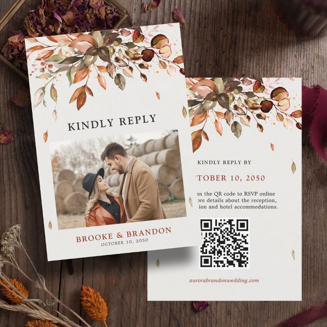 Fall Autumn Leaves Rustic Country Wedding QR Code  RSVP Card (Fall Autumn wedding QR code RSVP card)