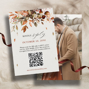 Fall Autumn Leaves Rustic Country Wedding QR Code RSVP Card