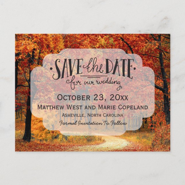 Fall Autumn Leaves Rustic Wedding Save The Date Announcement Postcard (Front)