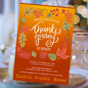 Fall Autumn Leaves Typography Thanksgiving Dinner Invitation