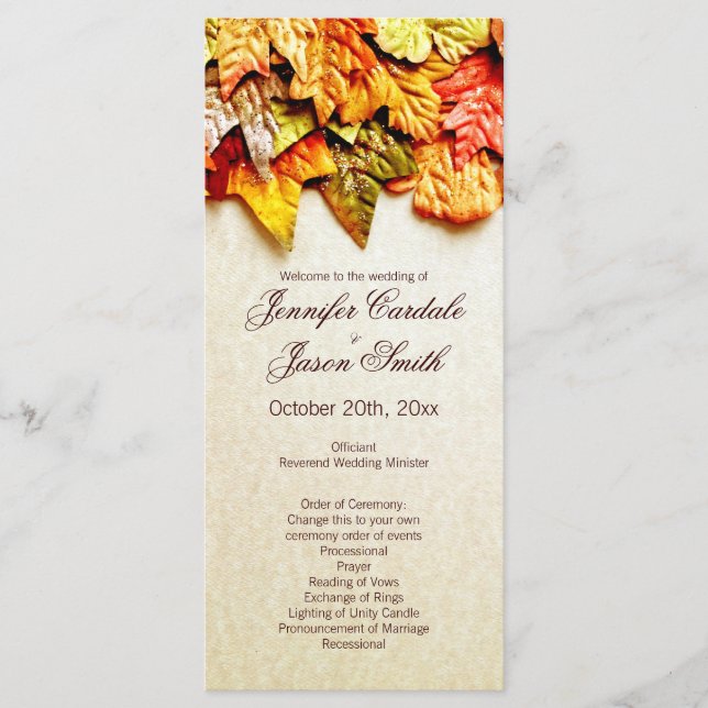 Fall Autumn Leaves Vertical Wedding Programs Programme (Front)