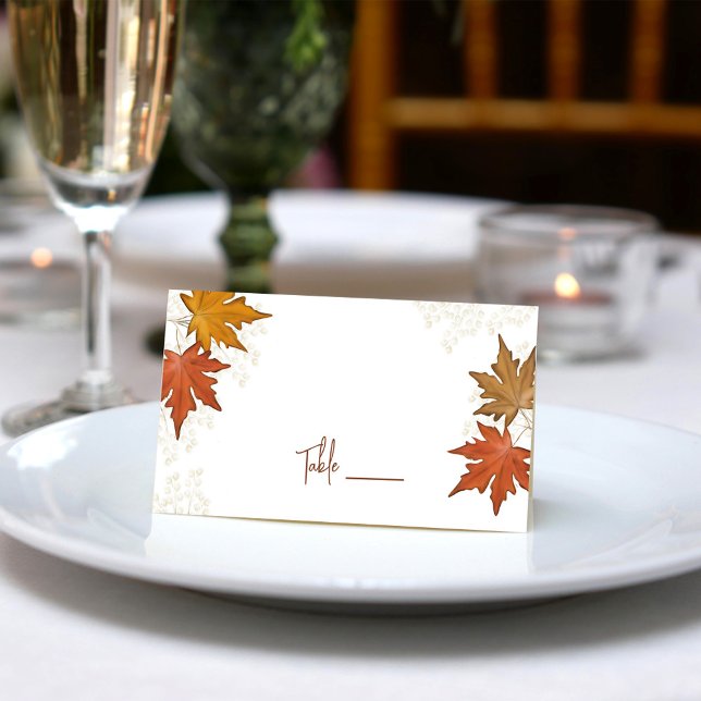 Fall Autumn Leaves Watercolor Wedding  Place Card (Fall leaves place card with stylish calligraphy script.)