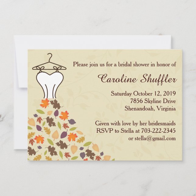 Fall Autumn Leaves Wedding Dress Bridal Shower Invitation (Front)