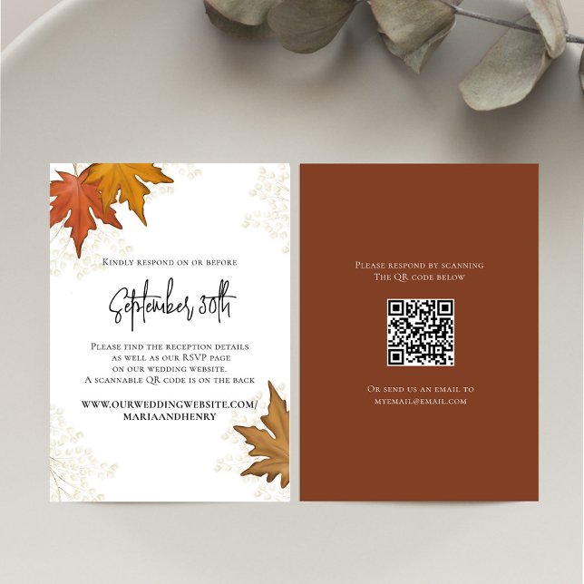 Fall Autumn Leaves Wedding QR Code RSVP Card (Fall watercolor leaves elegant RSVP card.)