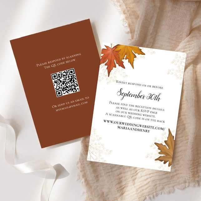 Fall Autumn Leaves Wedding RSVP QR Code (Fall and Autumn Wedding Invitation RSVP Cards. )