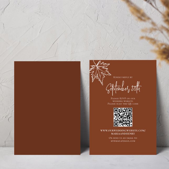 Fall Autumn Leaves Wedding RSVP QR Code Card (Burgundy fall leaves RSVP enclosure card template.)
