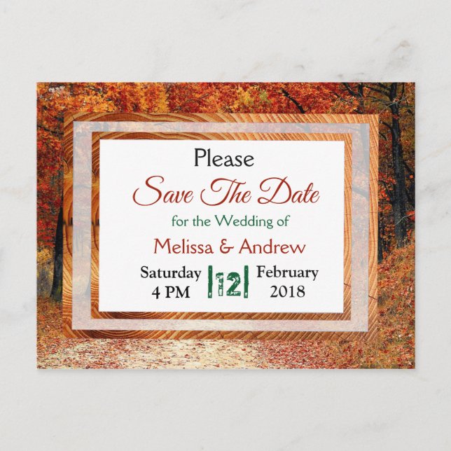 Fall  Autumn Leaves Wedding Save the Date Announcement Postcard (Front)