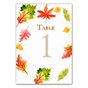 Fall autumn leaves wedding table number card