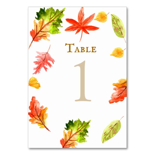 Fall autumn leaves wedding table number card (Front)
