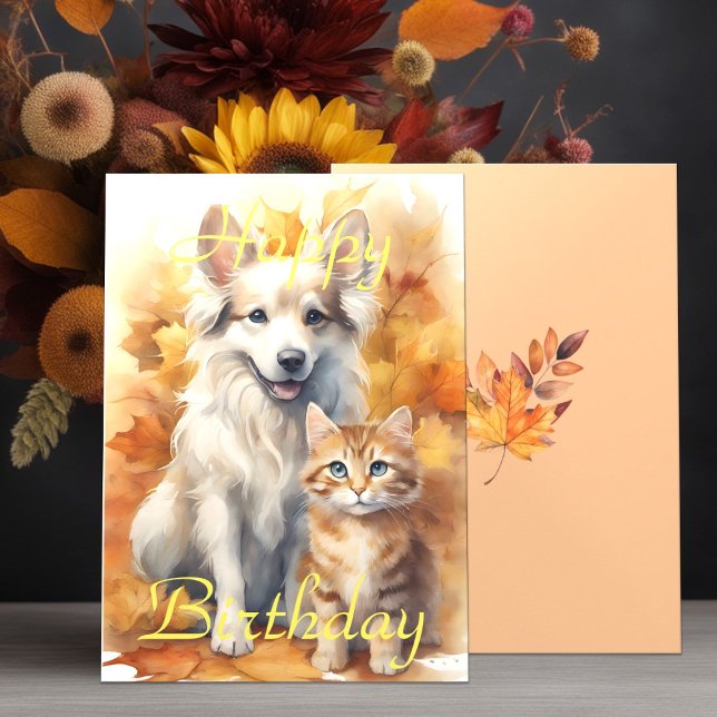 Fall Autumn Leaves White Collie Dog & Tabby Kitten Card (Creator Uploaded)