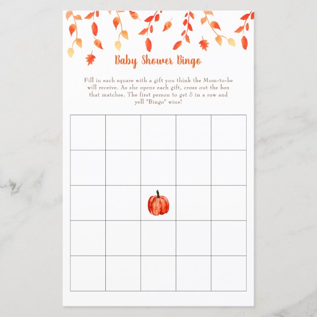Fall Autumn Little Pumpkin Baby Shower Bingo Game (Front)