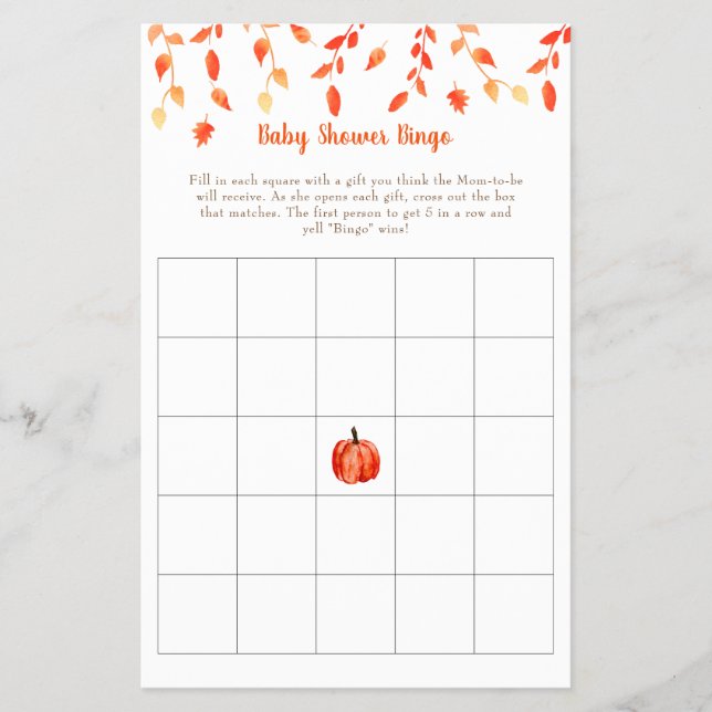 Fall Autumn Little Pumpkin Baby Shower Bingo Game Flyer (Front)
