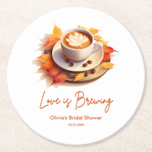 Fall Autumn Love is Brewing Coffee Bridal Shower  Round Paper Coaster