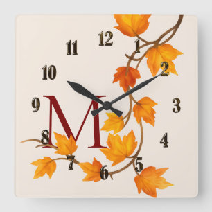 Fall Autumn Maple Leaves Branch Square Wall Clock