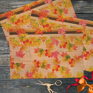 Fall Autumn Maple Leaves On Barn Wood Wrapping Paper Sheet
