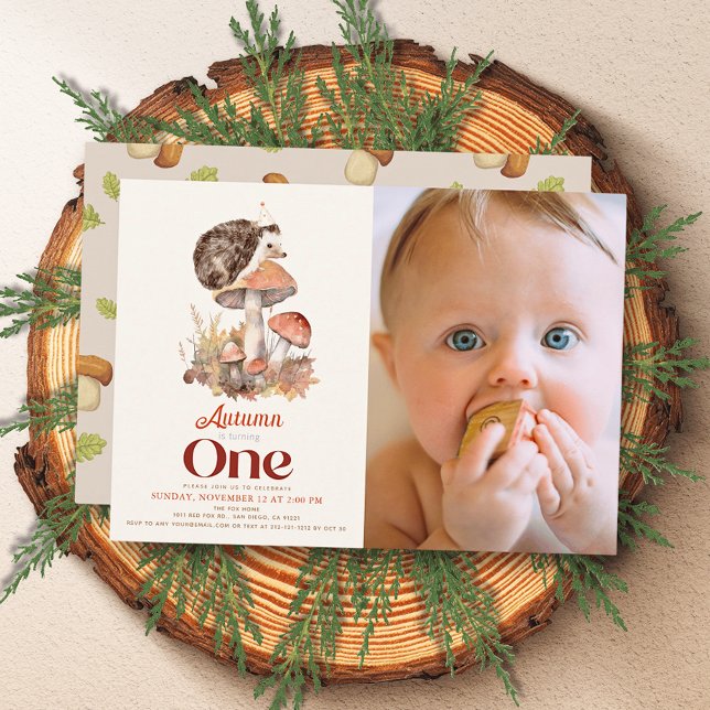Fall/Autumn Mushroom Hedgehog 1st Birthday Photo Invitation (Creator Uploaded)