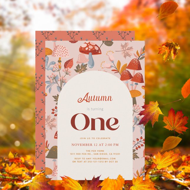 Fall/Autumn Mushroom Wildflower Pink 1st Birthday Invitation (Creator Uploaded)