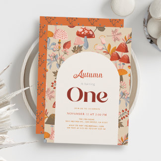 Fall/Autumn Mushroom Wildflower Tan 1st Birthday Invitation