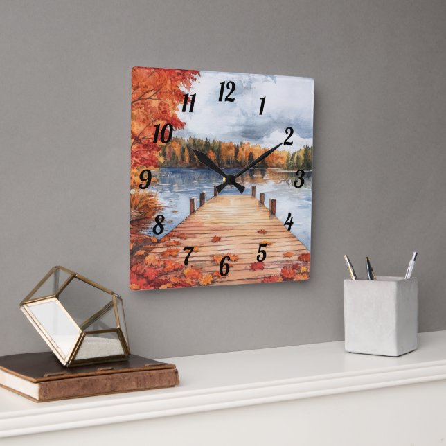 Fall Autumn Nature Lake Trees Landscape Painting Square Wall Clock (Office)
