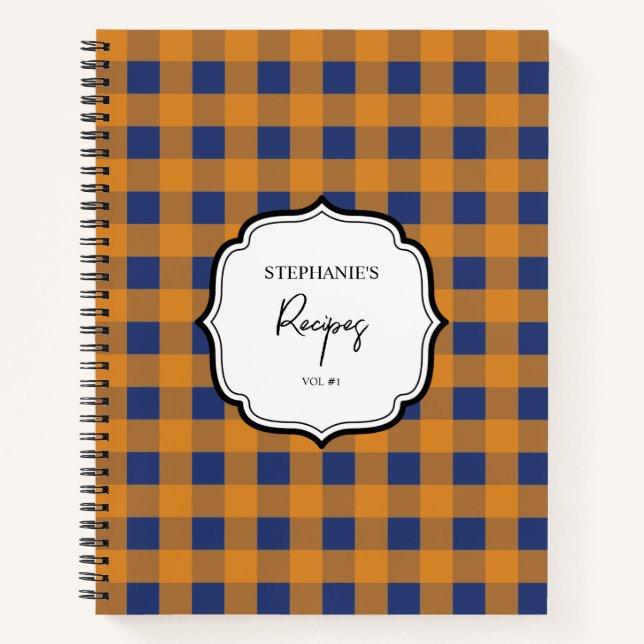 Fall Autumn Orange Blue Plaid Pattern Recipe Notebook (Front)
