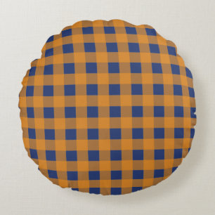 Fall Autumn Orange Blue Plaid Pattern Round Cushion