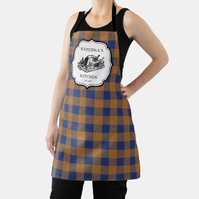 Fall Autumn Orange Blue Plaid Thanksgiving Turkey Apron (Insitu)
