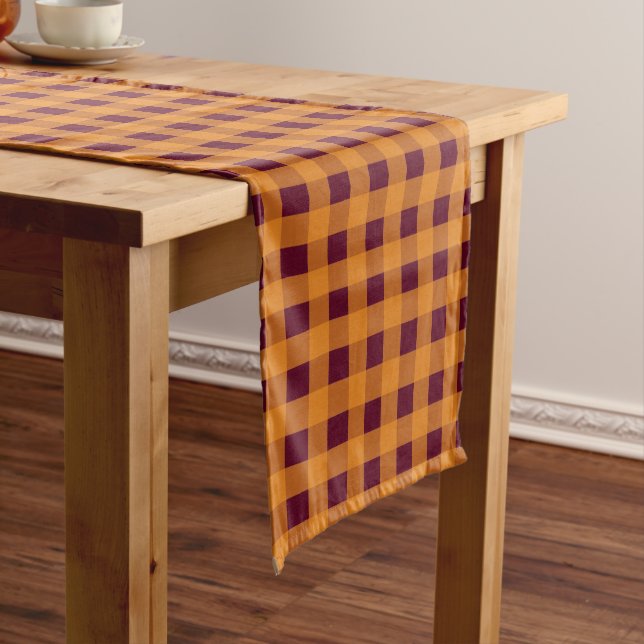 Fall Autumn Orange Burgundy Plaid Pattern  Medium Table Runner (In Situ)