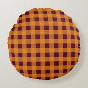 Fall Autumn Orange Burgundy Plaid Pattern  Round Cushion