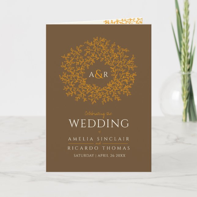 Fall autumn orange leaf brown monogram art wedding programme (Front)
