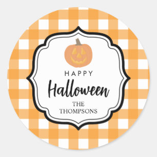Fall Autumn Orange Plaid Halloween Pumpkin Classic Round Sticker