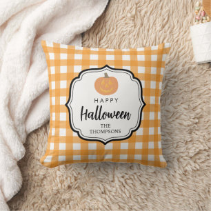 Fall Autumn Orange Plaid Halloween Pumpkin Cushion