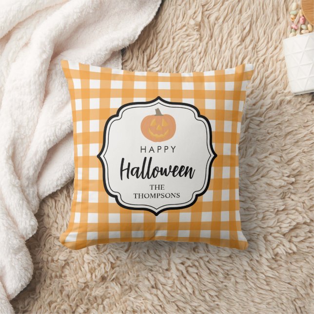 Fall Autumn Orange Plaid Halloween Pumpkin  Cushion (Blanket)