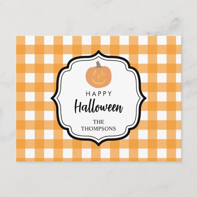 Fall Autumn Orange Plaid Halloween Pumpkin Holiday Postcard (Front)