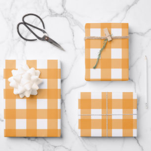 Fall Autumn Orange Plaid Pattern Wrapping Paper Sheet