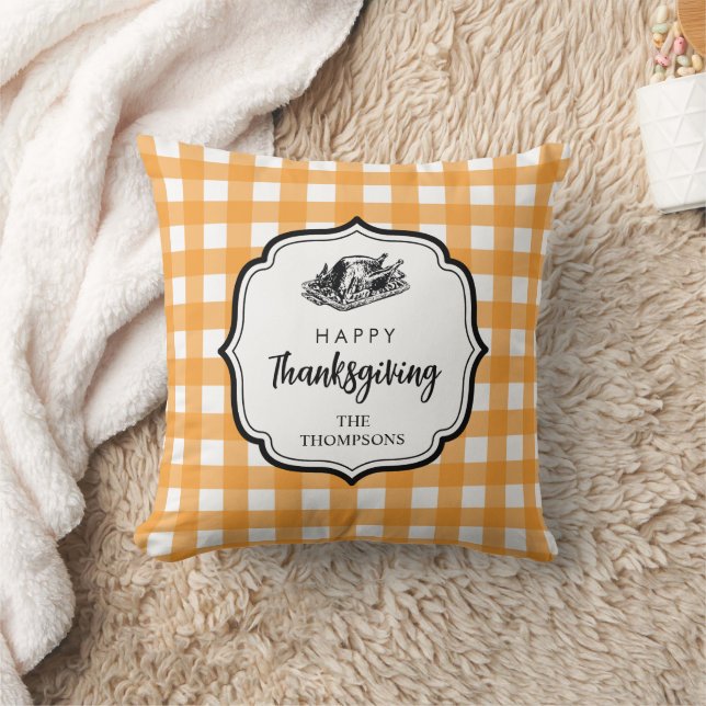 Fall Autumn Orange Plaid Thanksgiving Turkey Cushion (Blanket)