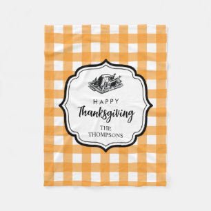 Fall Autumn Orange Plaid Thanksgiving Turkey  Fleece Blanket