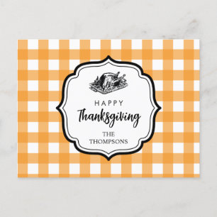 Fall Autumn Orange Plaid Thanksgiving Turkey Holiday Postcard
