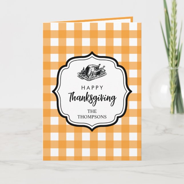 Fall Autumn Orange Plaid Thanksgiving Turkey  Thank You Card (Front)