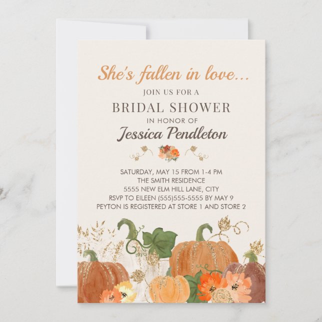 Fall Autumn Orange Pumpkins Gold Bridal Shower Invitation (Front)
