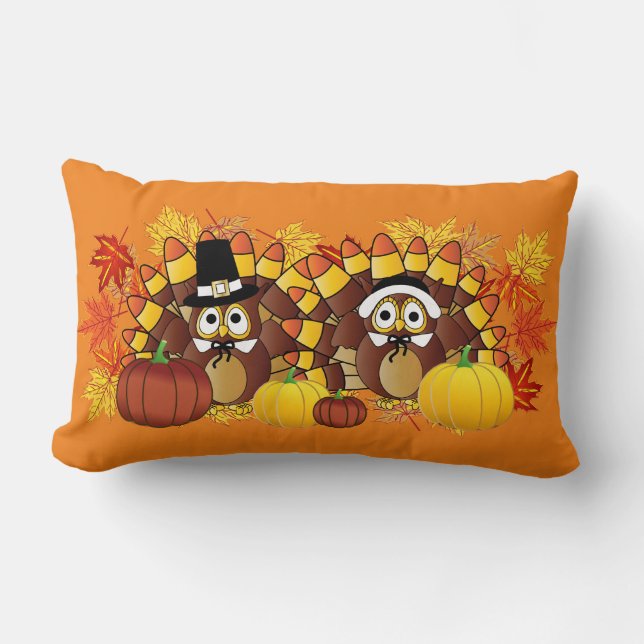 Fall Autumn Owl Turkey Pilgrims | Thanksgiving Lumbar Cushion (Front)
