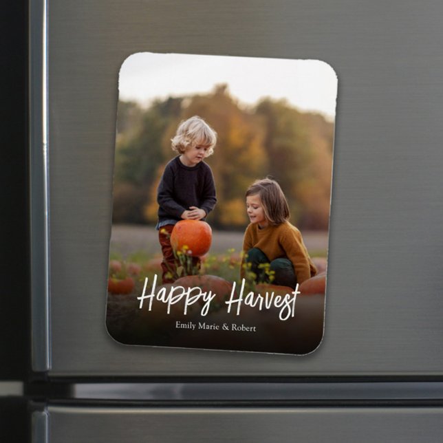 Fall Autumn Photo Simple Calligraphy Happy Harvest Magnet (Creator Uploaded)