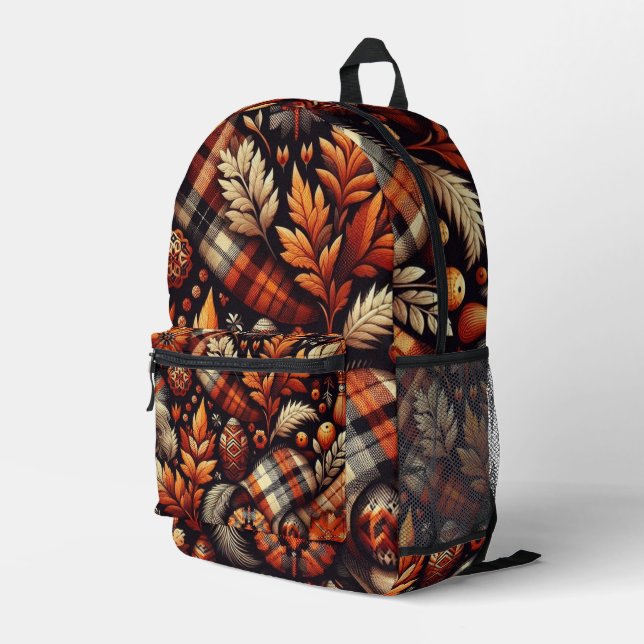 Fall Autumn Plaid Leaves Orange Black Beige Printed Backpack (Back Corner Right)