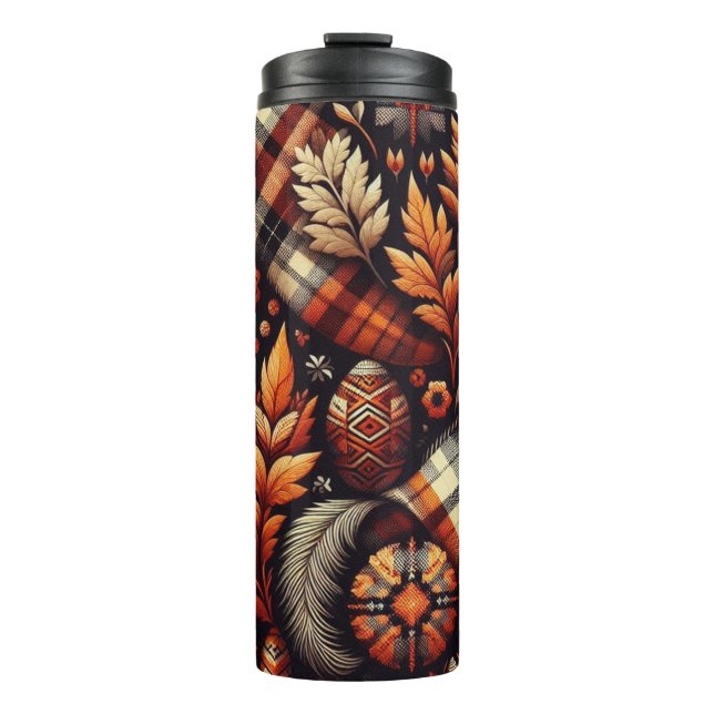 Fall Autumn Plaid Leaves Orange Black Beige Thermal Tumbler (Front)