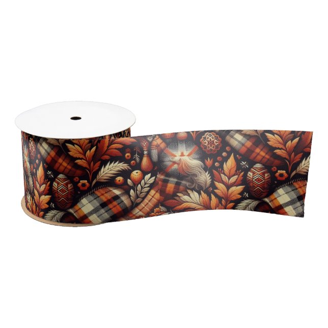 Fall Autumn Plaid Leaves Orange Black Pattern Satin Ribbon (Spool)