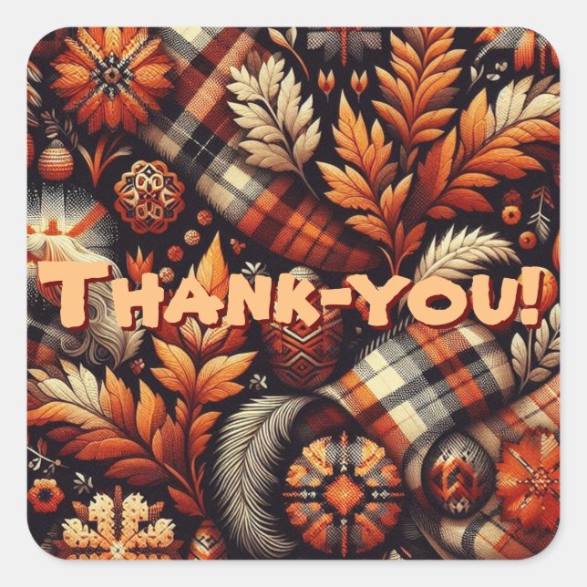 Fall Autumn Plaid Leaves Orange Black Pattern Square Sticker (Front)