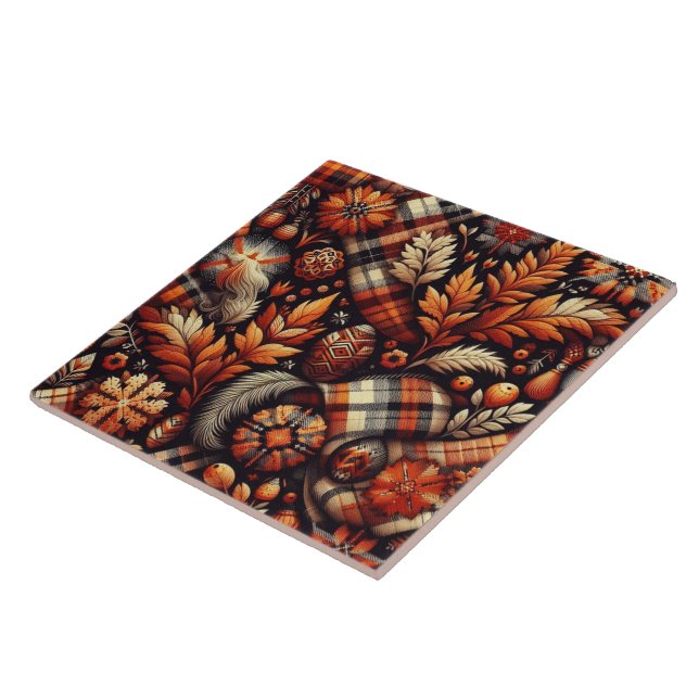 Fall Autumn Plaid Leaves Orange Black Pattern Tile (Side)